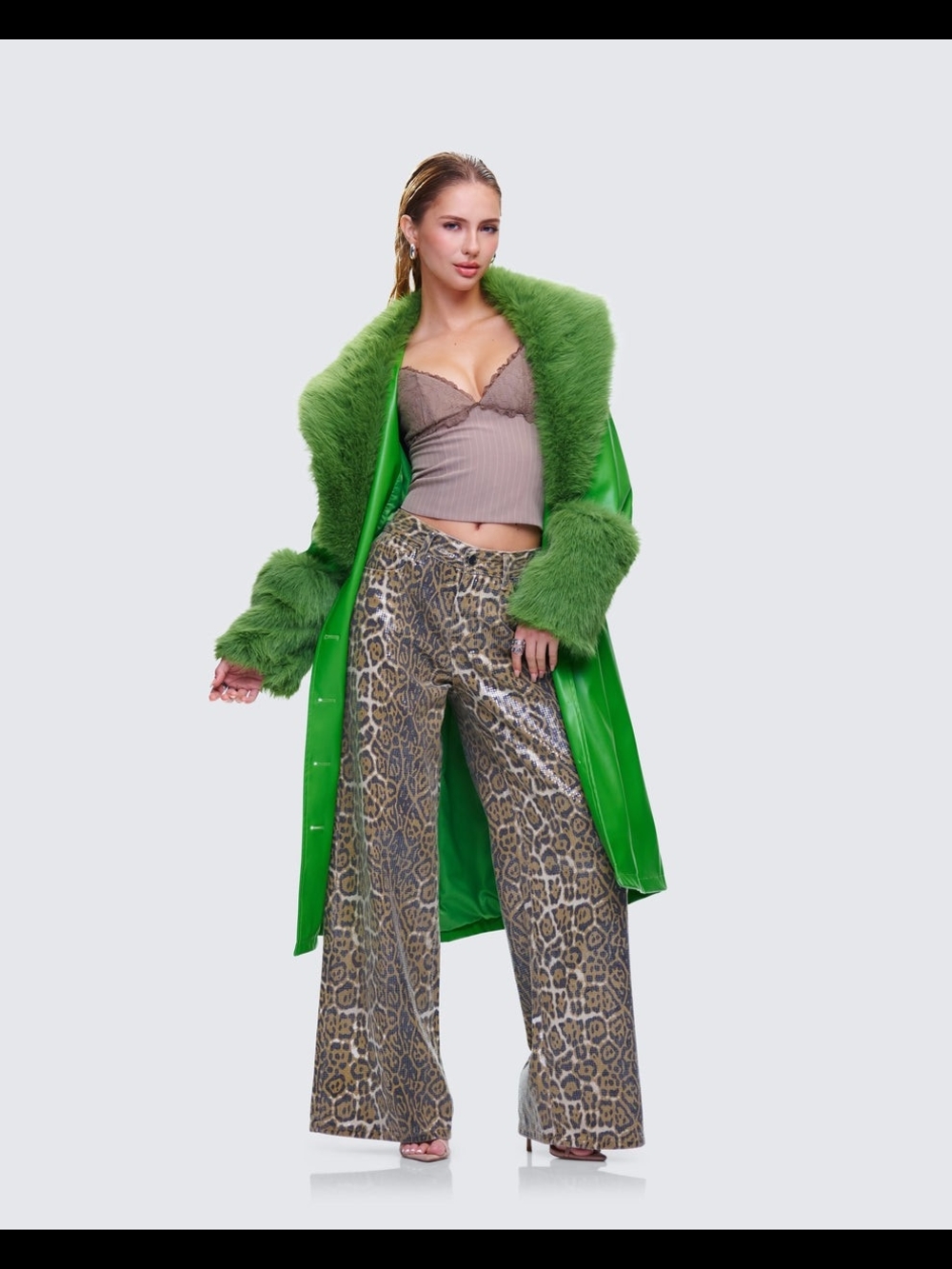 Green Faux-Fur Trim Coat